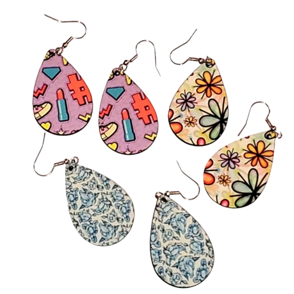 NEW HAND CRAFTED Retro 1½" Teardrop Earrings Wire Hook 3 Pair Flower Lipstick